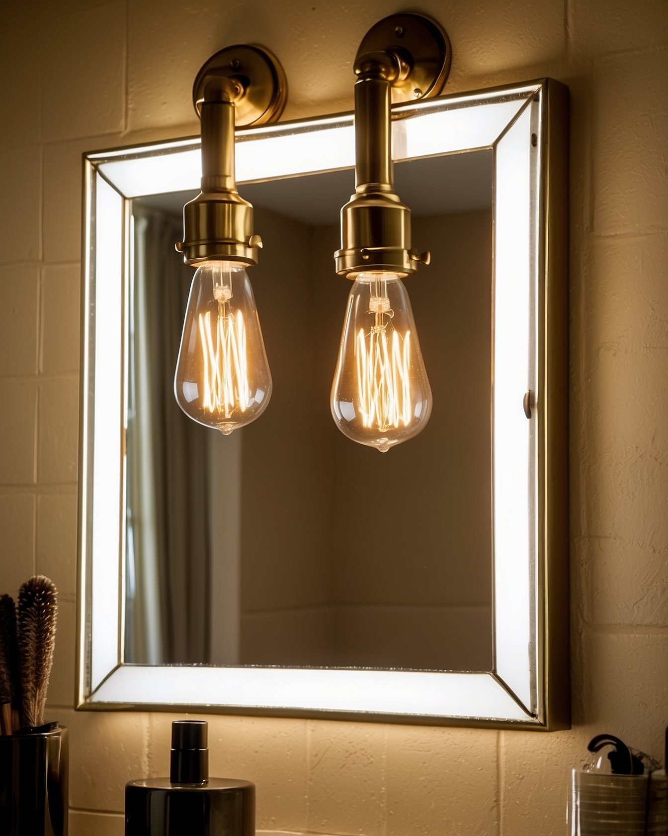 Three bulb brass vanity light fixture above bathroom mirror