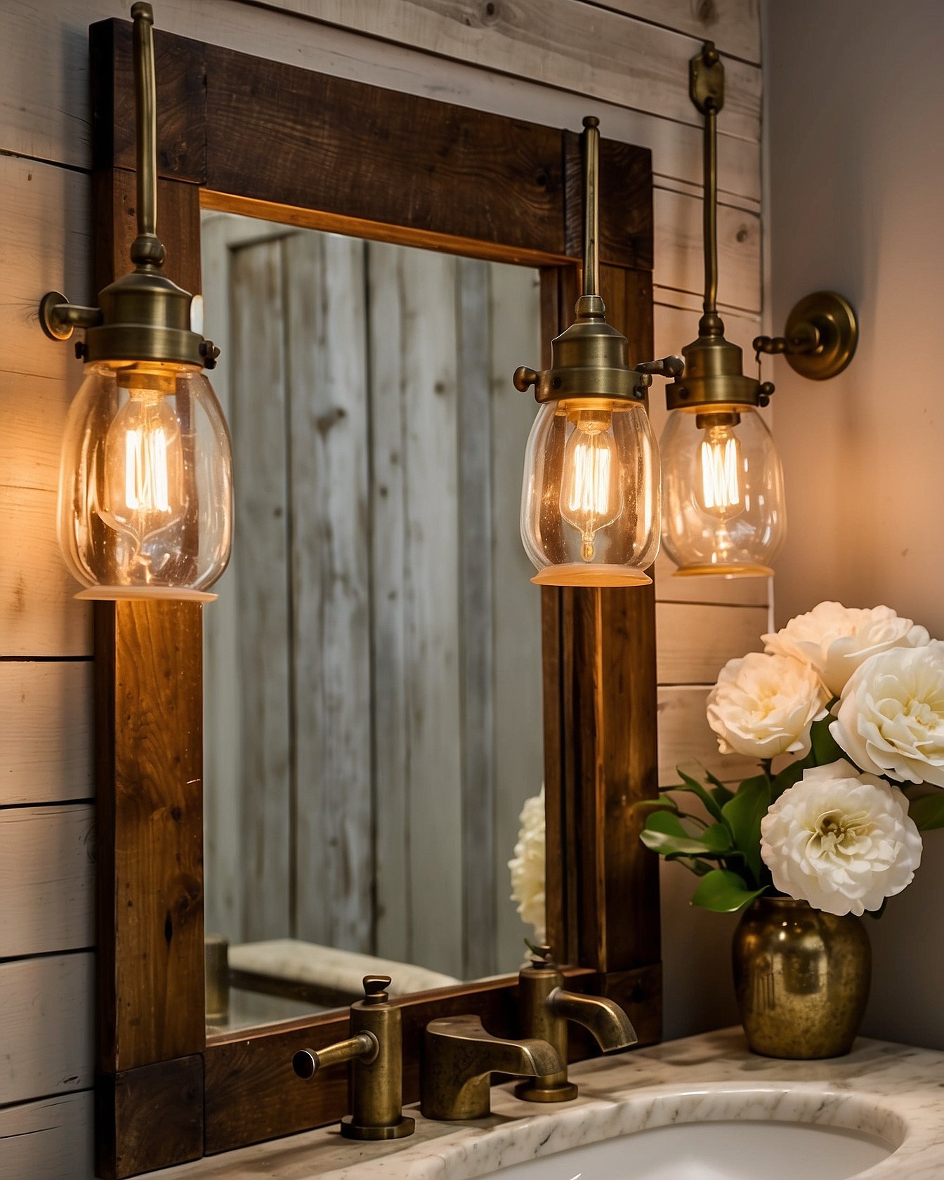 Farmhouse vanity light fixture with lantern shades above vanity