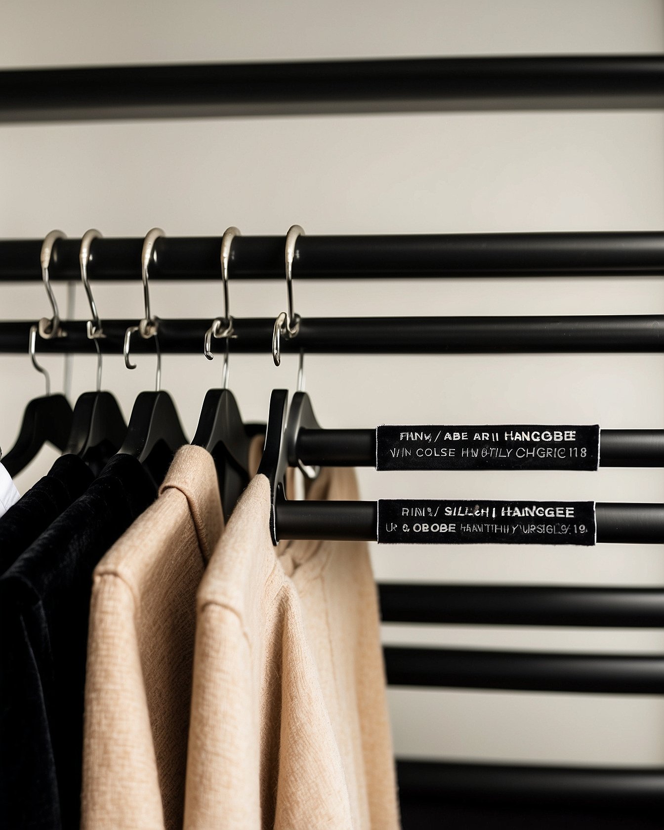 Black velvet slim hangers filled with clothing in walk-in closet