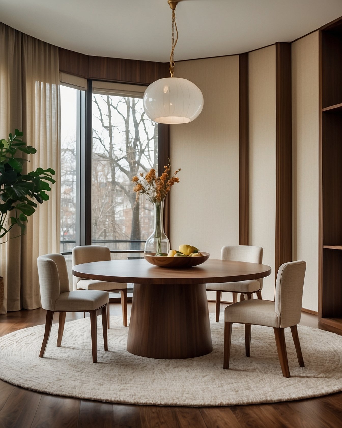 Round walnut dining table with pedestal base, cream upholstered chairs around it and brass dome pendant above