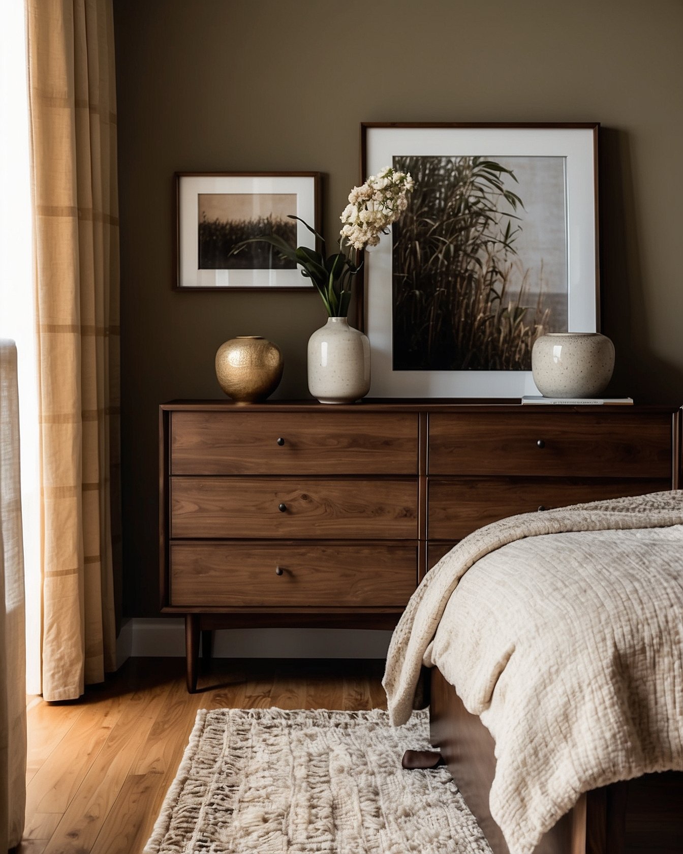 Six drawer walnut dresser with brass pulls, ceramic vases and framed art on top against cream wall