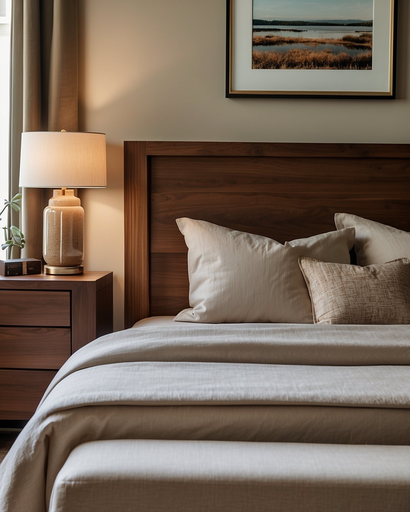Walnut platform bed with integrated USB charging ports on headboard