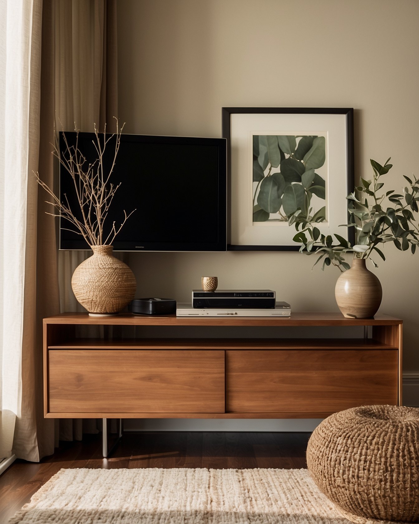 Long low walnut TV console with sliding doors and television mounted above on cream wall