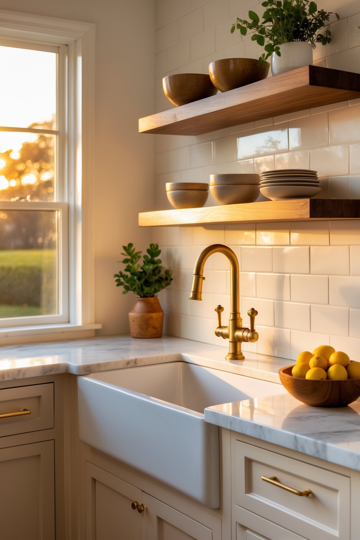 Warm creamy kitchen with brass faucet, white farmhouse sink, walnut open shelves and golden hour light