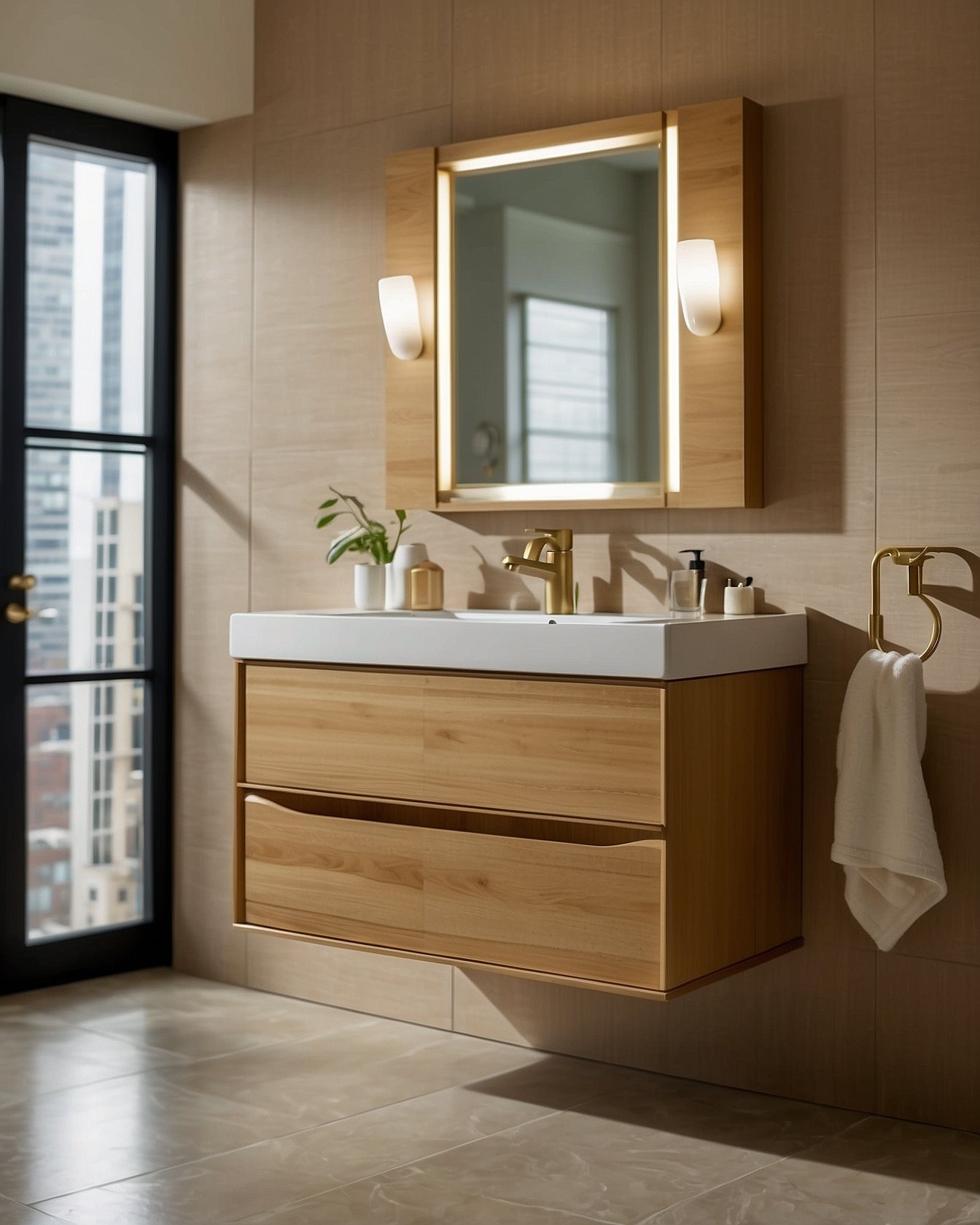 WEIKEN 24 inch floating bathroom vanity in oak with rectangular sink