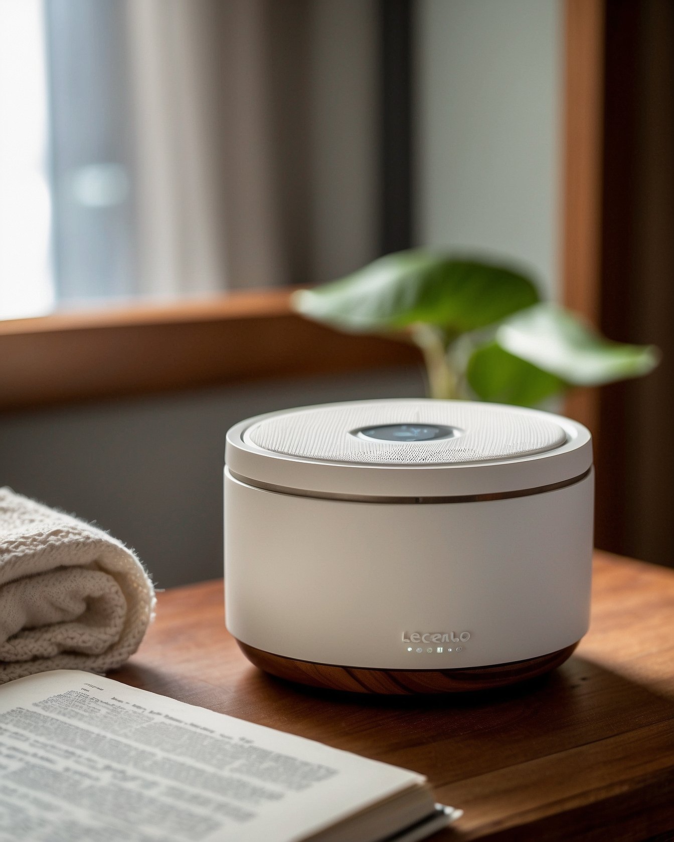 White noise sound machine on walnut nightstand next to bed