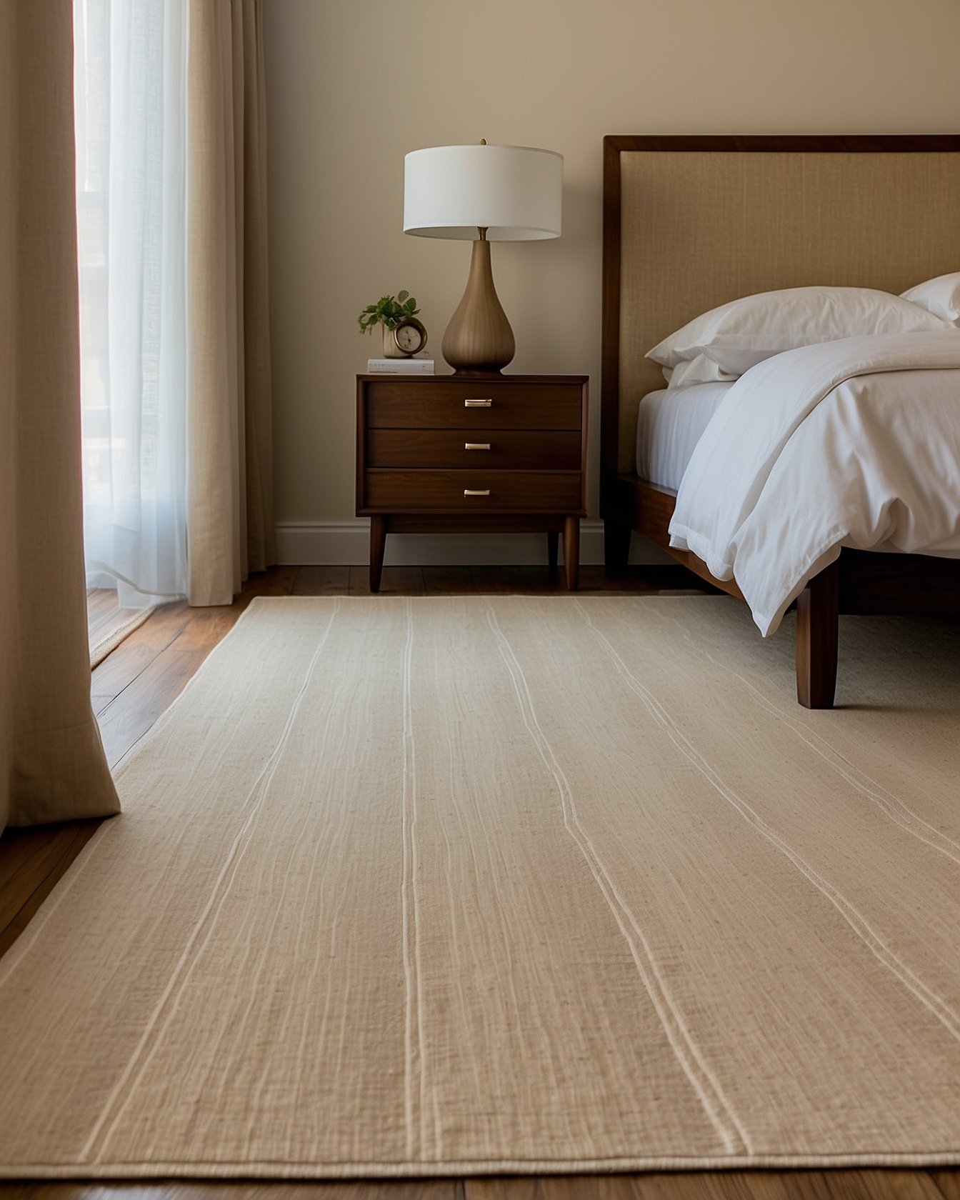 Cream wool flatweave rug under walnut bed with linen bedding